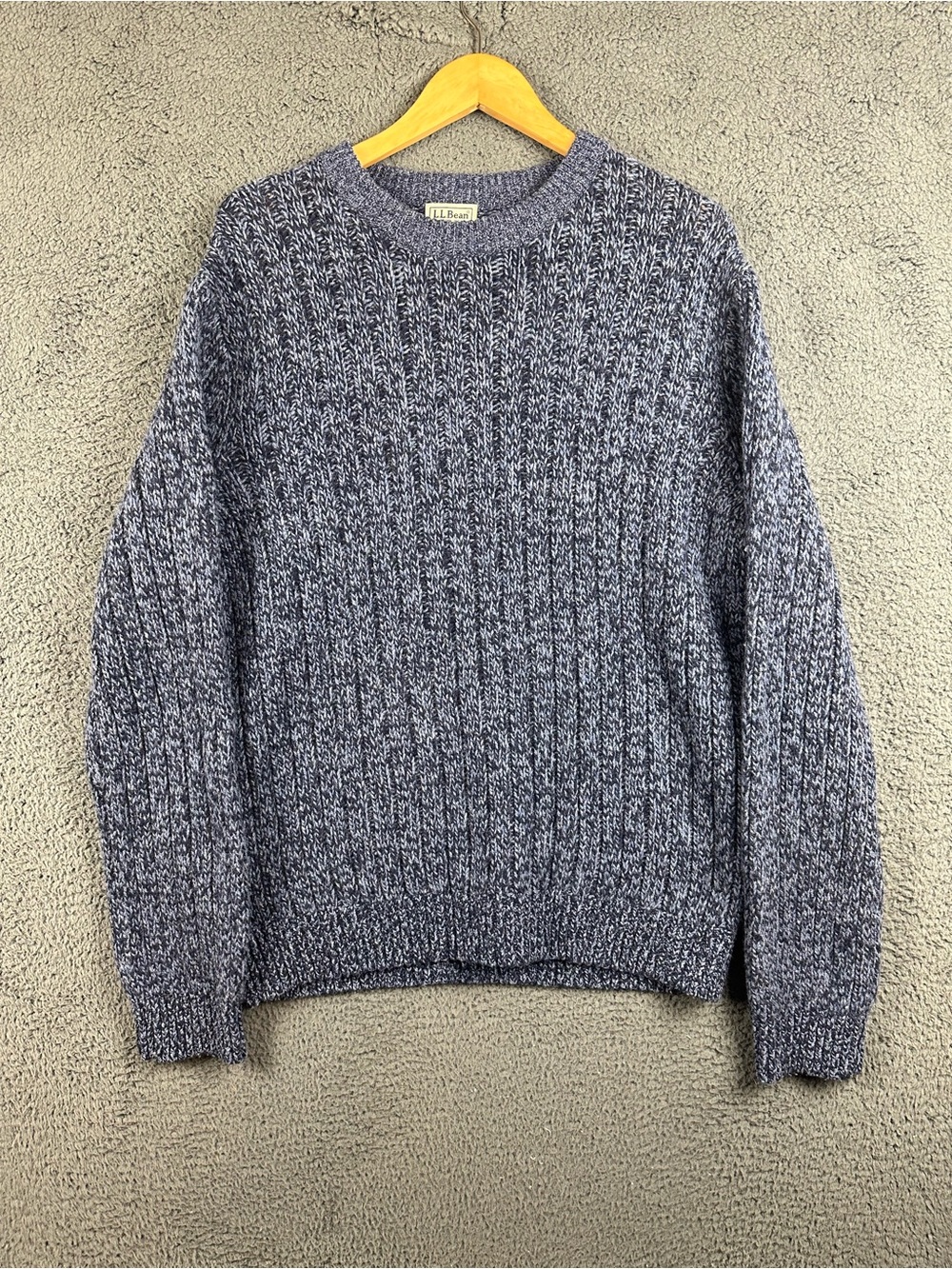 LL Bean Mens Large Lambswool Crewneck Sweater Blue Marled Knit Pullover 500586